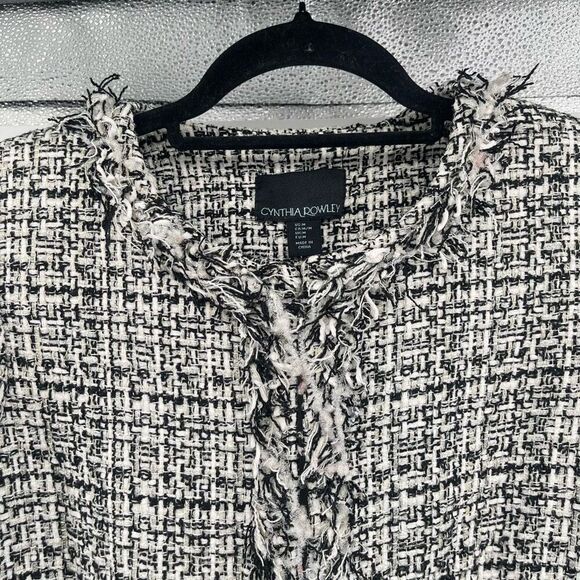 Cynthia Rowley Tweed Blazer Black White Gold Metallic Fringe Trim Jacket Medium - Picture 4 of 17